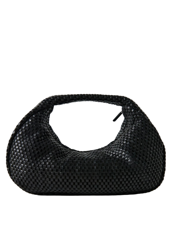 Lattice Weave Bon Bon Bag in Black showcasing intricate woven design and structured top handle from St. Agni.