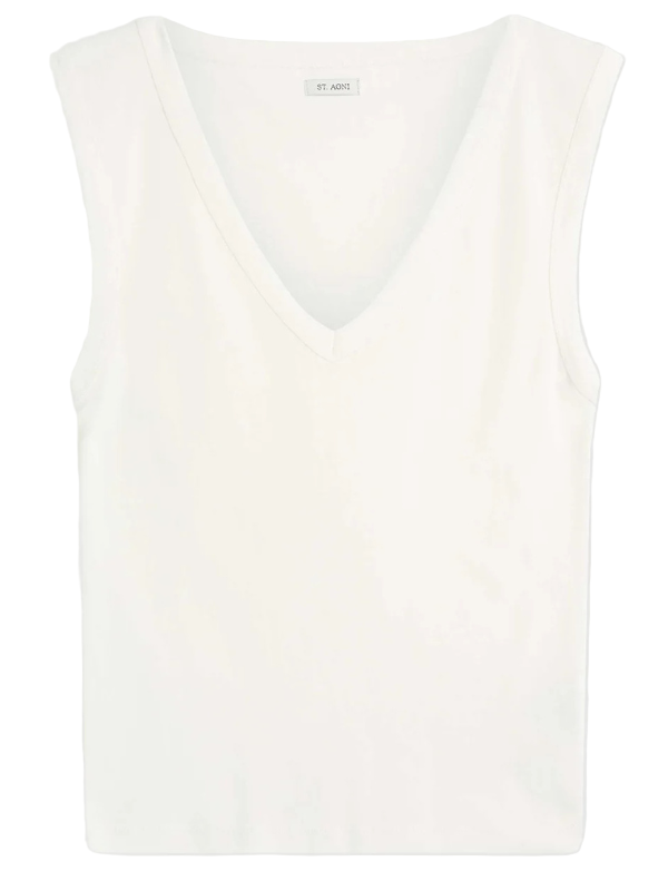 St. Agni Organic Cotton 90s Top in White showcasing the classic V-neckline and sleek silhouette.