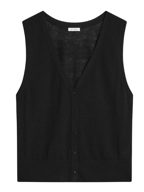 St. Agni Merino Wool Oupa Vest in Black, showcasing its relaxed fit and V-neckline for comfortable layering.