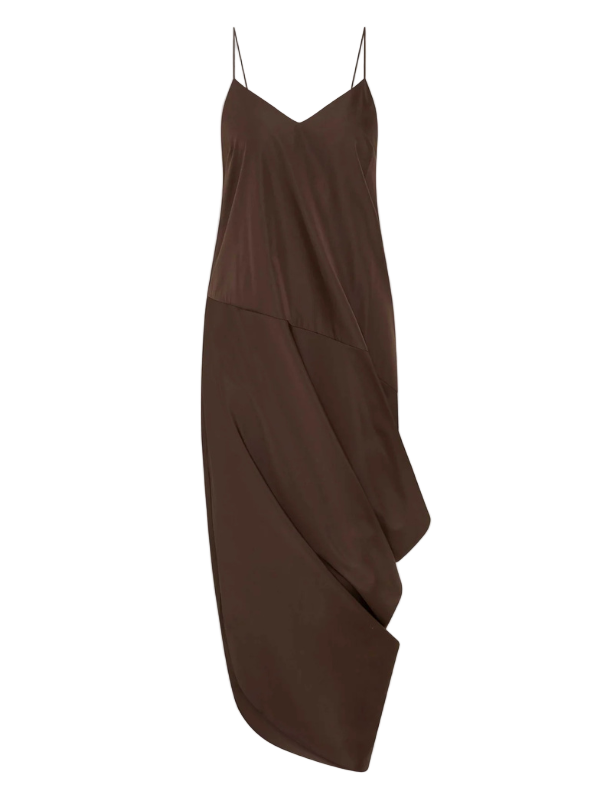St. Agni Paper Taffeta Drape Dress in Mocha showcasing a flattering V-neckline and delicate rouleau straps.