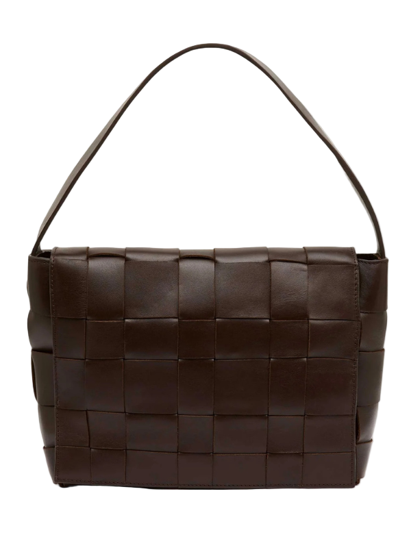 Woven Envelope Mini Tote in Chocolate showcasing its structured design and woven body.