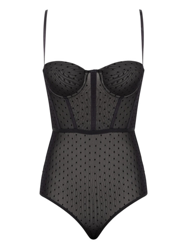 Dot Bodysuit in Black from Zimmermann's Cruise 2026 Collection, featuring a corset bodice and adjustable straps.