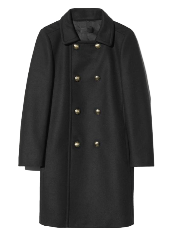 Rori Peacoat in Black by Nili Lotan, a stylish mid-thigh length coat featuring elegant pewter buttons, made from 85% Virgin Wool and 15% Polyamide.