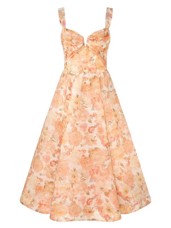 Rebellion Drape Midi Dress in Golden Bloom showcasing the elegant sweetheart neckline and drape detailing at the bust.