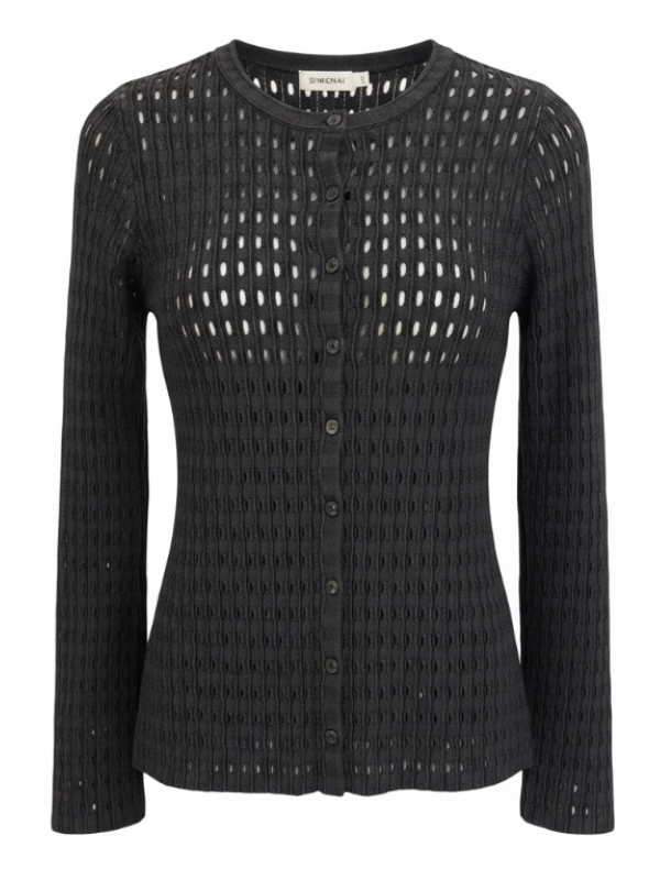 Elegant Mabel Cardigan in Black by Simkhai featuring an intricate open-stitch design, crewneck, and button front, ideal for a luxurious and sophisticated wardrobe.