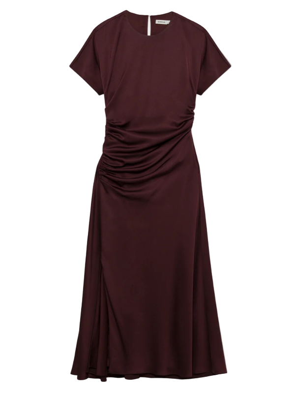 Marabella Draped Satin Midi Dress in Mahogany showcasing a softly ruched waist and elegant satin fabric.