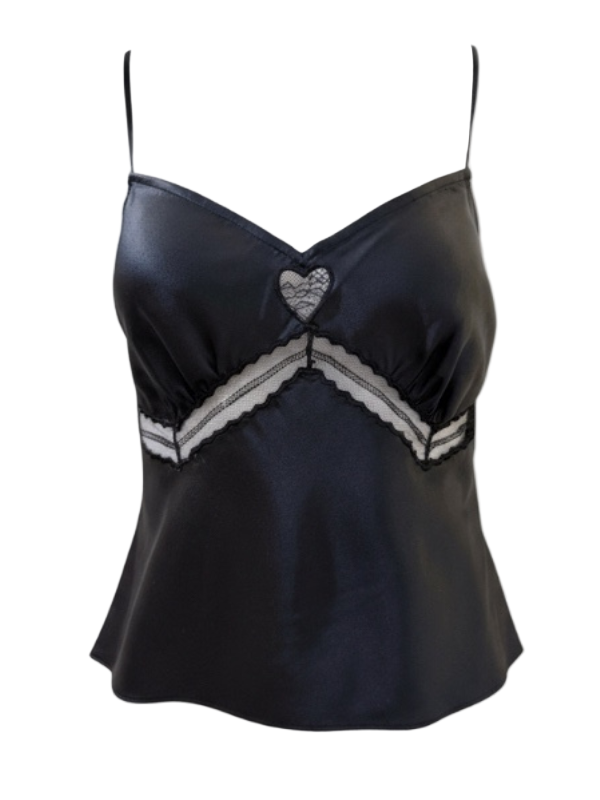 Staud Terra Top in Black showcasing luxurious silk satin and lace cutout details at the bust.