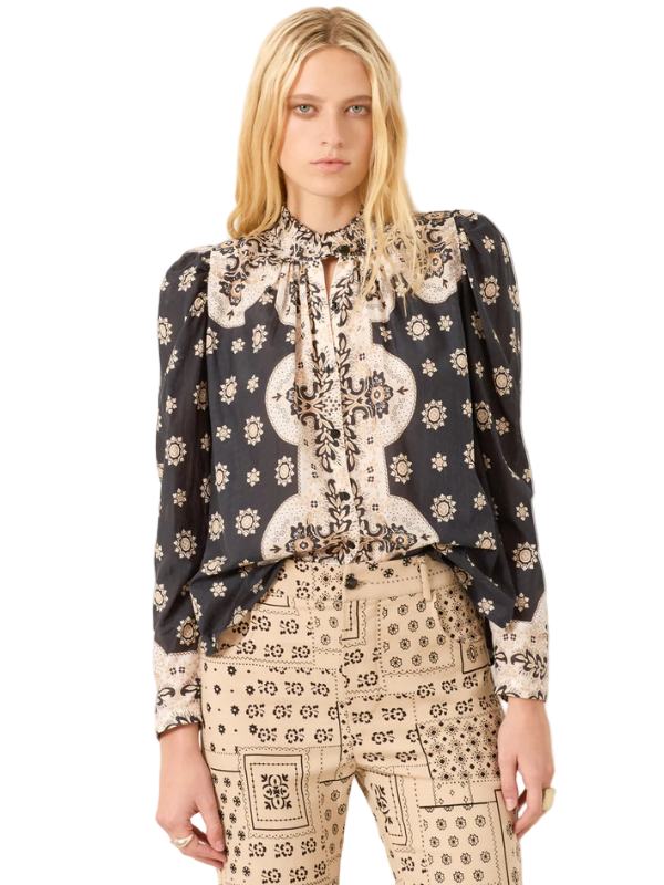 Artemis Bronco Bandana Shirt featuring puff sleeves and a ruffled collar design.