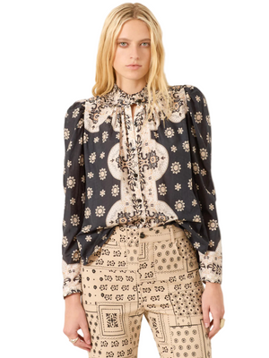 Artemis Bronco Bandana Shirt featuring puff sleeves and a ruffled collar design.