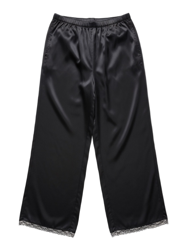 Kirby Silk Pant in Black by Staud, featuring an elegant straight leg design crafted from luxurious stretch silk satin with an elastic waistband.
