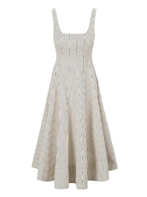Wells Dress in Ivory/Dark Oak Micro Stripe by Staud showcasing a square neckline and corset-inspired bodice.