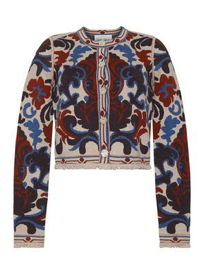 Livi Jacket in Mira Stone by Cara Cara, featuring a chic design with gold buttons and fringe details