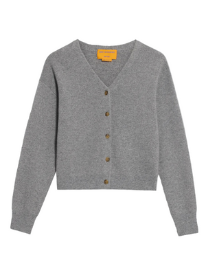 Collegiate Cardigan in Heather Grey, featuring v-neck, button hem, and ribbed cuffs, from Guest in Residence.
