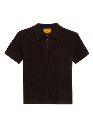 Shrunken Polo in Burnt Cocoa, showcasing its extra light-weight waffle knit texture and polo shirt collar.