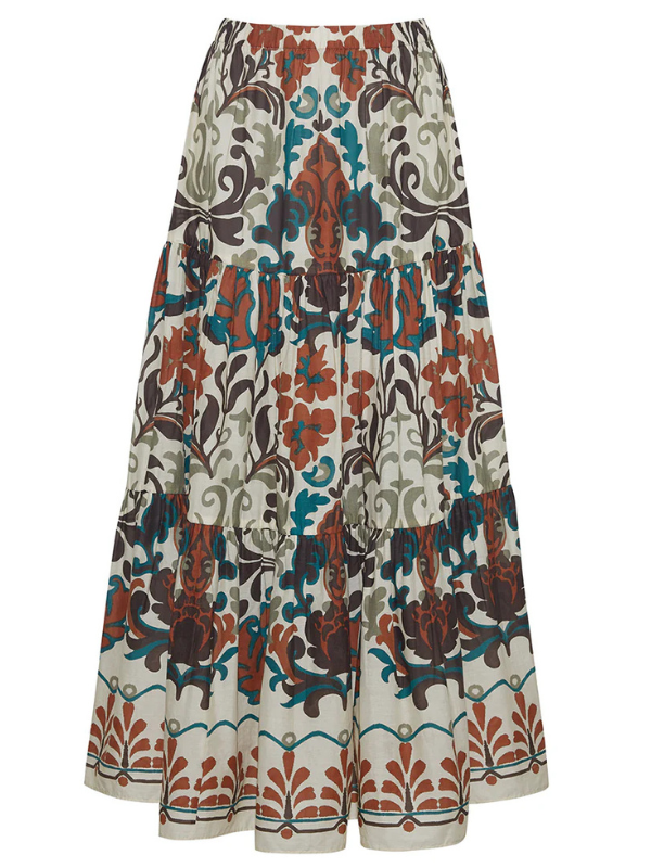 Melanie Skirt in Mira Stone by Cara Cara showcasing the tiered silhouette and elastic waist features.