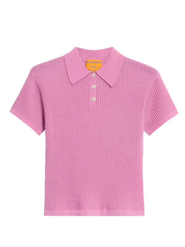 Shrunken Polo in Rose by Guest in Residence showcasing lightweight waffle knit texture and classic polo collar.