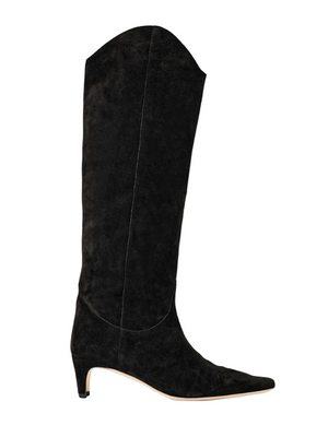 Staud Western Wally Boots in Black Suede with pointed toe and classic blade heel.