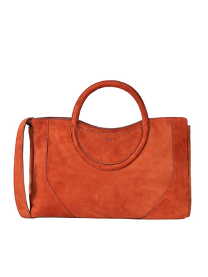 Maude Satchel in Auburn Suede showcasing its soft and slouchy design with rounded handles.