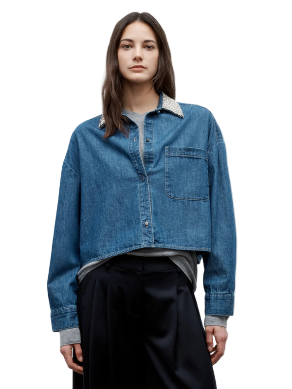 My Ex's Denim with Crystal Collar in Paris featuring a cropped long sleeve design with a crystal-embellished collar.