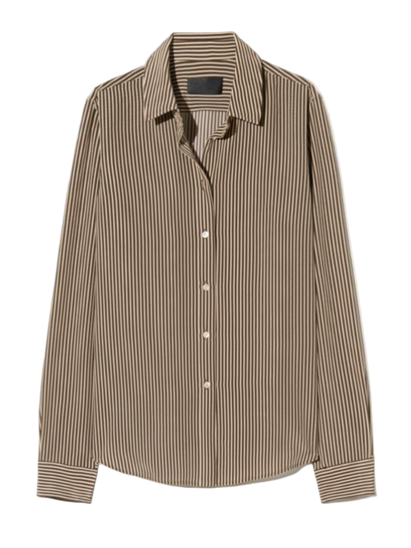Gaia Slim Shirt in Chocolate Stripes by Nili Lotan, featuring a long sleeve collared design made from 100% silk.