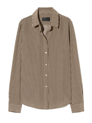 Gaia Slim Shirt in Chocolate Stripes by Nili Lotan, featuring a long sleeve collared design made from 100% silk.