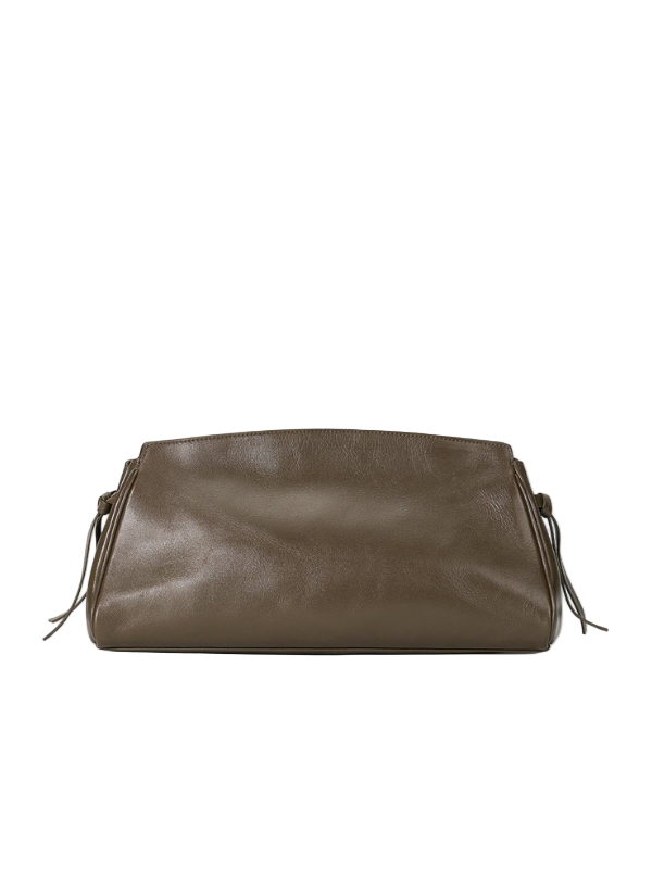 Maude Soft Clutch in Truffle showcasing the soft leather texture and knotted tie detail.
