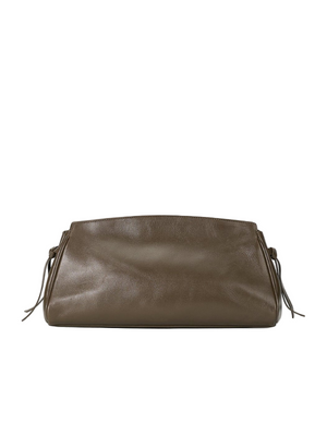 Maude Soft Clutch in Truffle showcasing the soft leather texture and knotted tie detail.