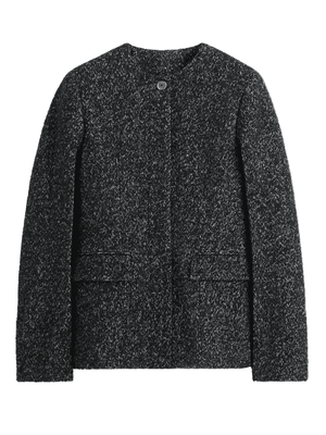 Collarless Cinched Jacket in Black/White showcasing its elegant design with black and white wool-blend tweed.