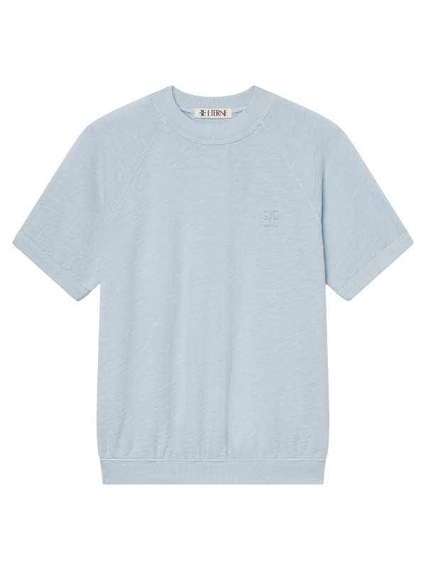 Short Sleeve Raglan Sweatshirt in Dusty Blue, a stylish short sleeve sweatshirt made from lightweight French terry, perfect for casual outings.