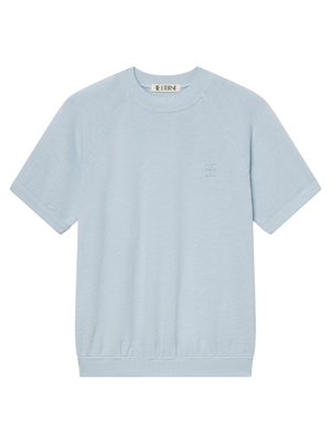 Short Sleeve Raglan Sweatshirt in Dusty Blue, a stylish short sleeve sweatshirt made from lightweight French terry, perfect for casual outings.