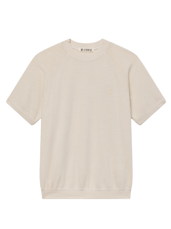 Short Sleeve Raglan Sweatshirt in Bone by Éterne, showcasing a relaxed fit made from lightweight French terry, perfect for casual wear, featuring the keyword short sleeve sweatshirt.
