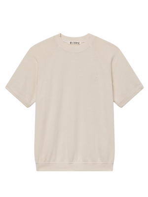 Short Sleeve Raglan Sweatshirt in Bone by Éterne, showcasing a relaxed fit made from lightweight French terry, perfect for casual wear, featuring the keyword short sleeve sweatshirt.