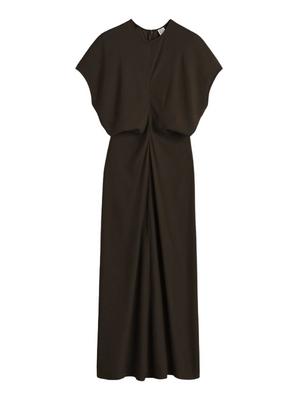 TOTEME Slouch Waist Dress in Bark showcasing its elegant cap sleeves and fluid crepe fabric.