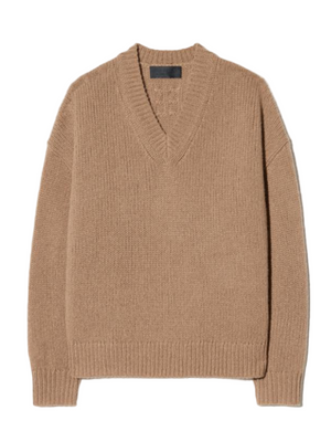 Shagan Sweater in Brown Camel by Nili Lotan, featuring a v-neck design and made from 100% Italian airspun cashmere, with ribbed trims and a center back cable knit detail.
