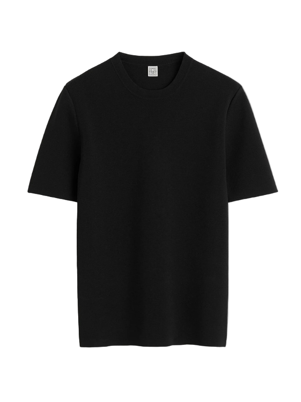 Compact Knit Top in Black by TOTEME, showcasing a slim silhouette and crew neck design.