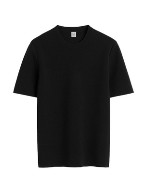 Compact Knit Top in Black by TOTEME, showcasing a slim silhouette and crew neck design.