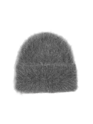 Alpaca Beanie Hat in Dark Grey Melange displayed on a cozy backdrop, showcasing its soft texture and stylish design from TOTEME.