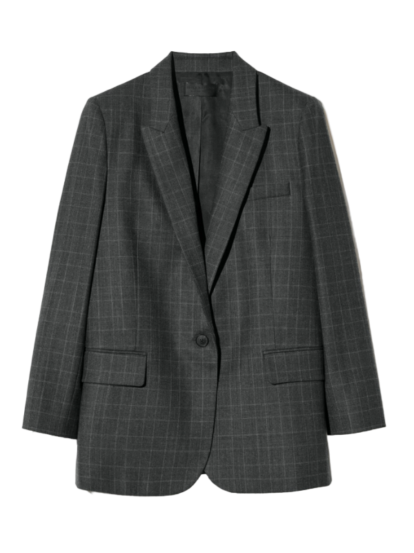 Diane Blazer in Espresso Check by Nili Lotan showcasing the front view with button closure and flap pockets.