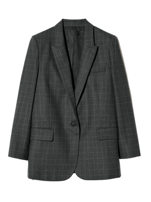 Diane Blazer in Espresso Check by Nili Lotan showcasing the front view with button closure and flap pockets.