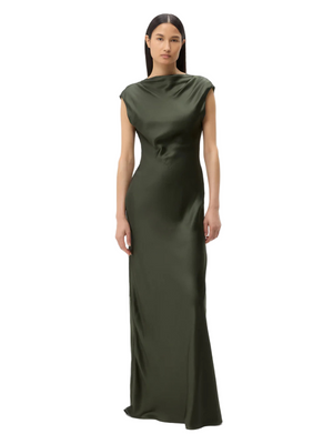 Back to You Dress in Duffle Bag showcasing the elegant cowl neck design and silky satin fabric.