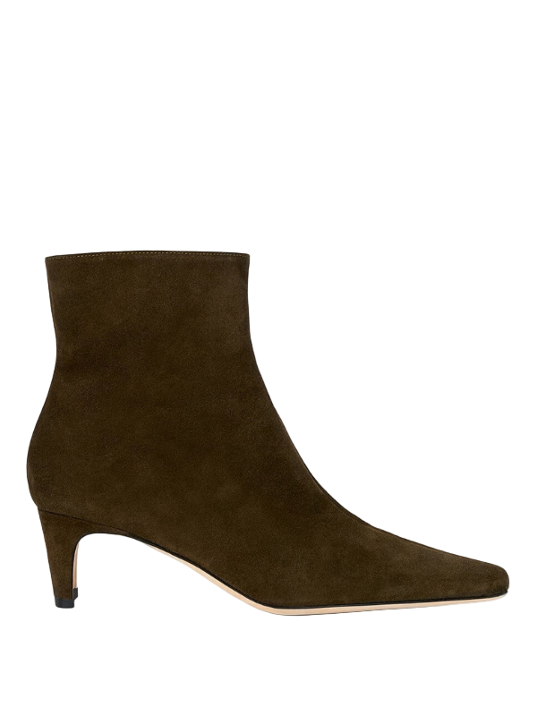 Wally Ankle Boot in Truffle Suede showcasing pointed rectangular toe and blade heel from Staud.