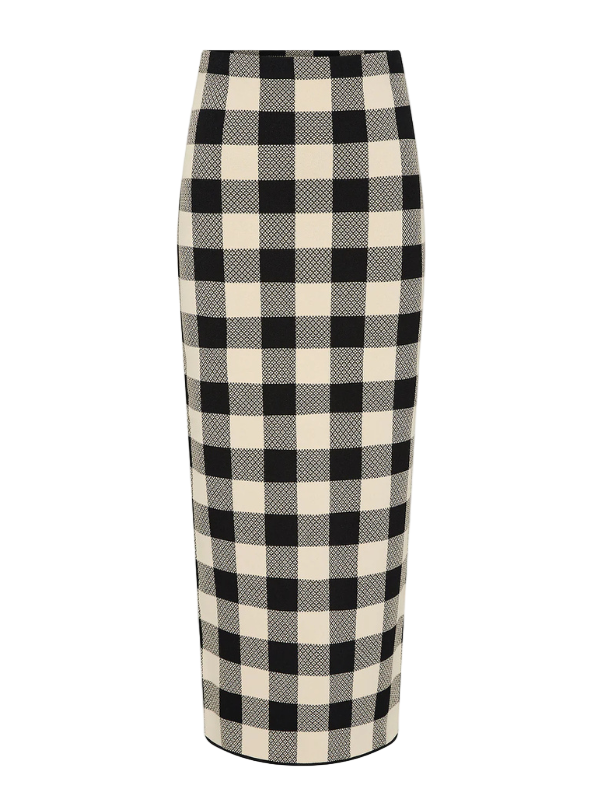 Pippa Skirt in Heritage Plaid by Posse displayed on a hanger showing the black and bone vintage-inspired pattern.