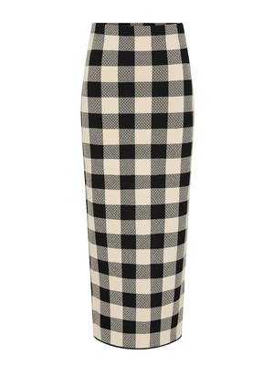 Pippa Skirt in Heritage Plaid by Posse displayed on a hanger showing the black and bone vintage-inspired pattern.