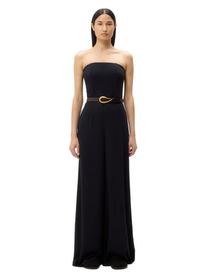 Jade Jumpsuit in Midnight featuring a strapless design and wide-leg silhouette made from drapey wool crepe by TWP.