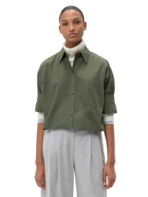 Front view of the Next Ex Shirt in Duffle Bag by TWP, showcasing its cropped, boxy silhouette in superfine Italian cotton.