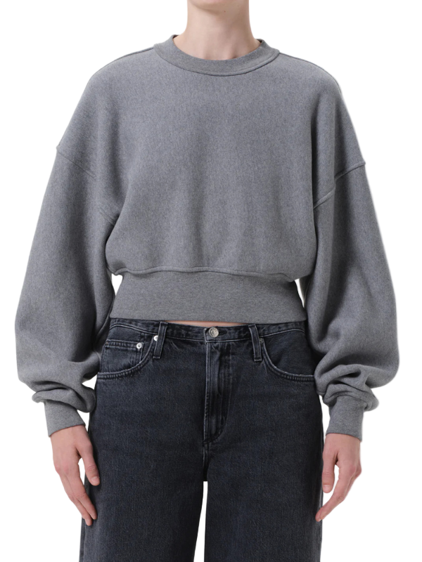 Kit Sweatshirt in Heather Grey by Agolde, showcasing a cropped design with elasticated hem and soft cotton fleece.