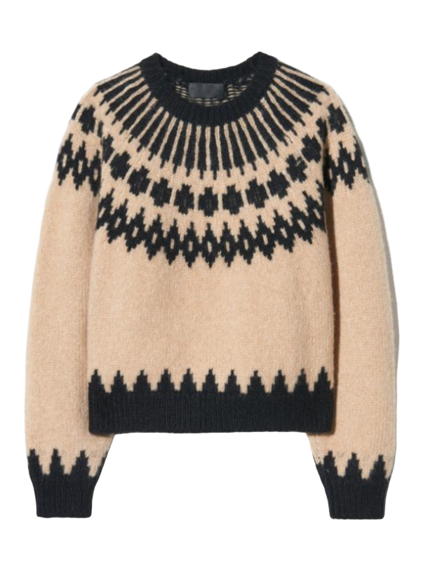 Alena Sweater in Light Camel Fair Isle by Nili Lotan, a mid-weight, cropped, boxy pullover made from baby alpaca and merino wool.