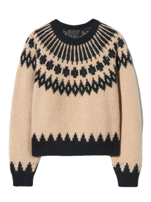 Alena Sweater in Light Camel Fair Isle by Nili Lotan, a mid-weight, cropped, boxy pullover made from baby alpaca and merino wool.