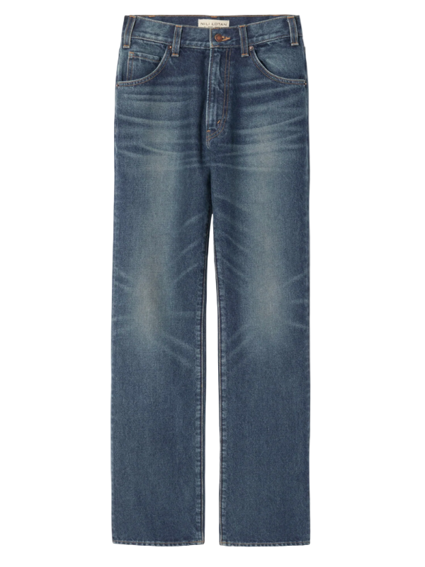 Nili Lotan's Joan Jean in Classic Wash showcasing the high-rise straight leg design and five pocket details.