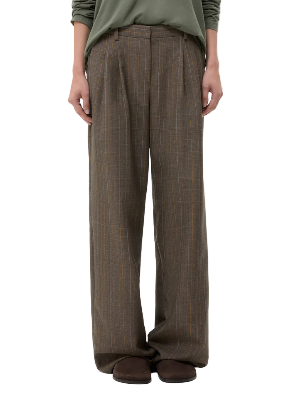 Sulli Pant in Medium Heather Grey Multi, mid-rise straight leg trousers in stretch wool for a relaxed fit with inverted pleats.